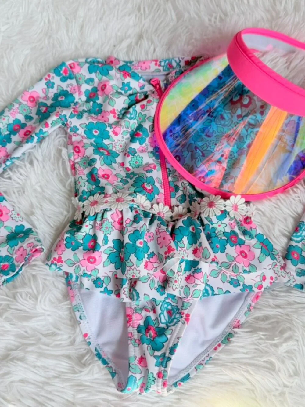 2T Floral Rash Guard Swimsuit & Rainbow Visor Set